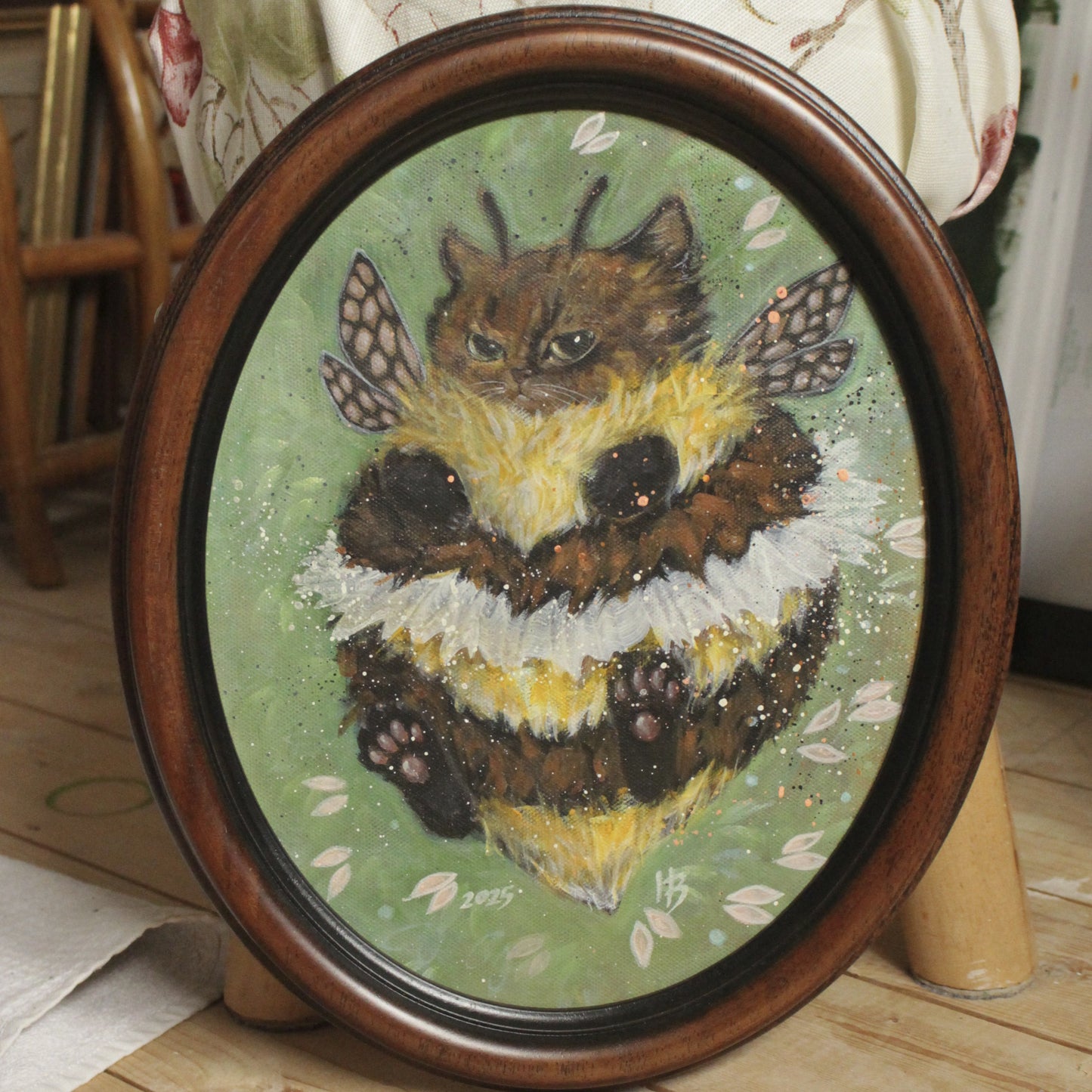 Original painting, Ballerina Cat, framed, 29x34cm