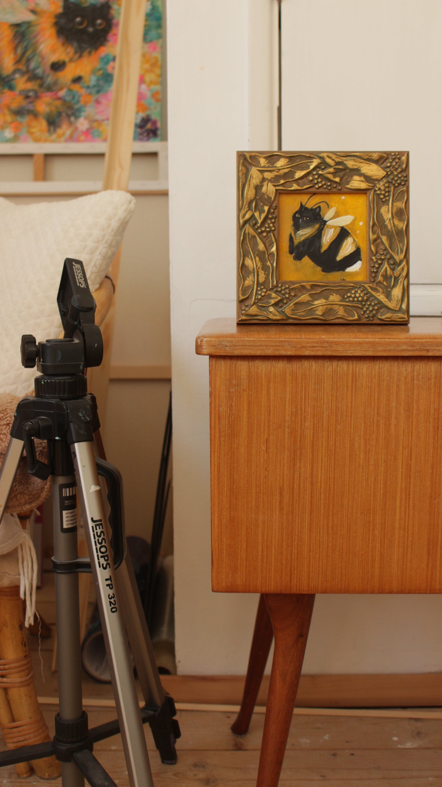 Original painting - little Bumble Cat - framed 18x18cm