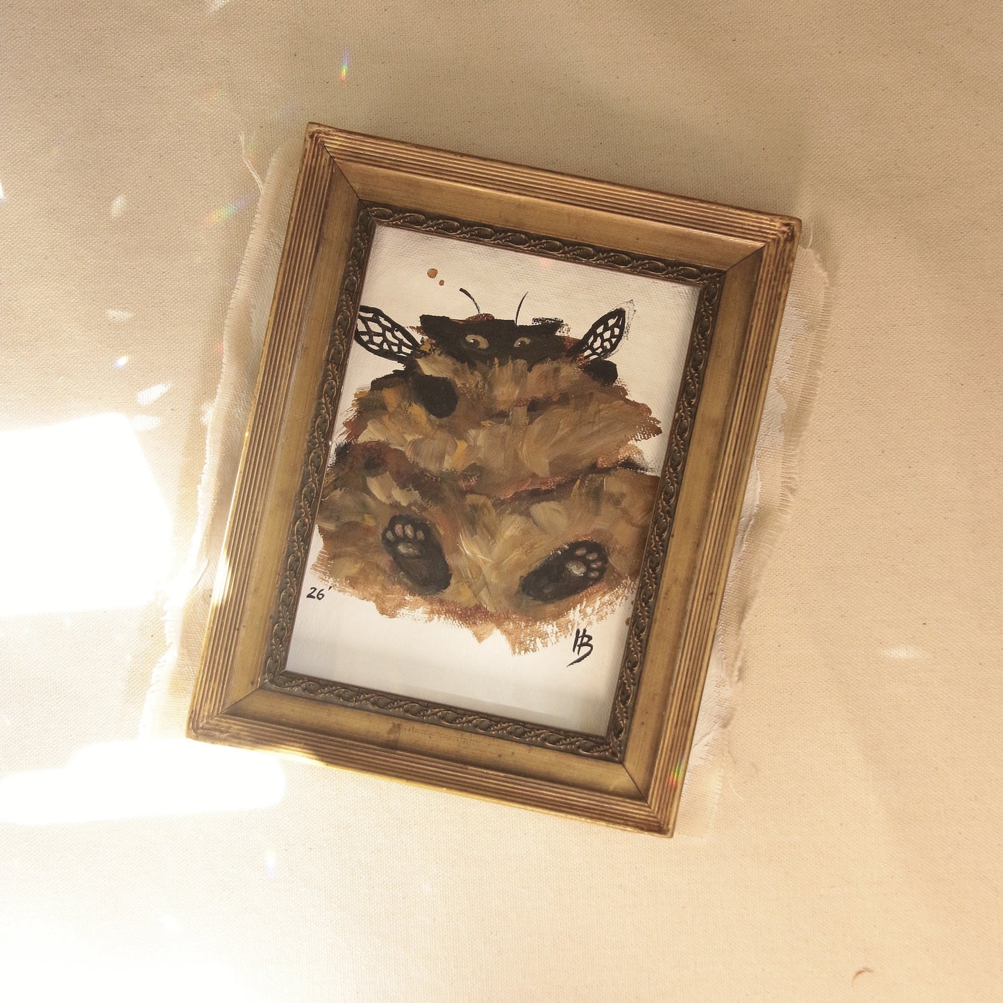 Hand painted mini original artwork- Bumble Cat beans