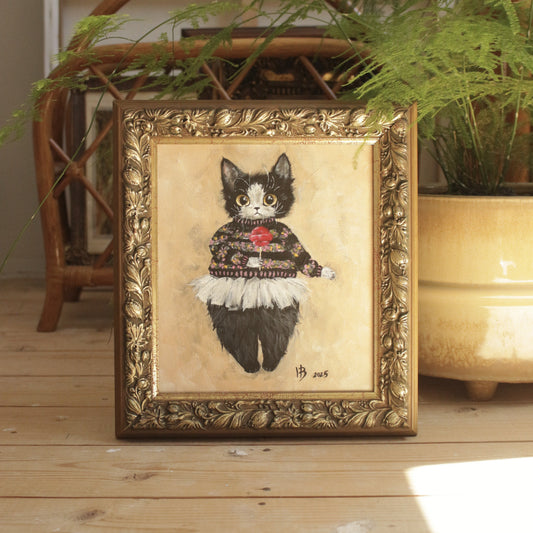 Original painting, Sweater Cat, framed painting,