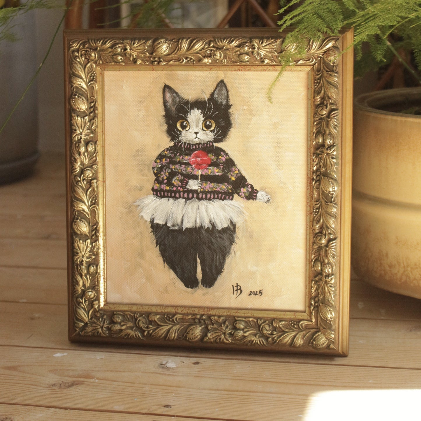 Original painting, Sweater Cat, framed painting,