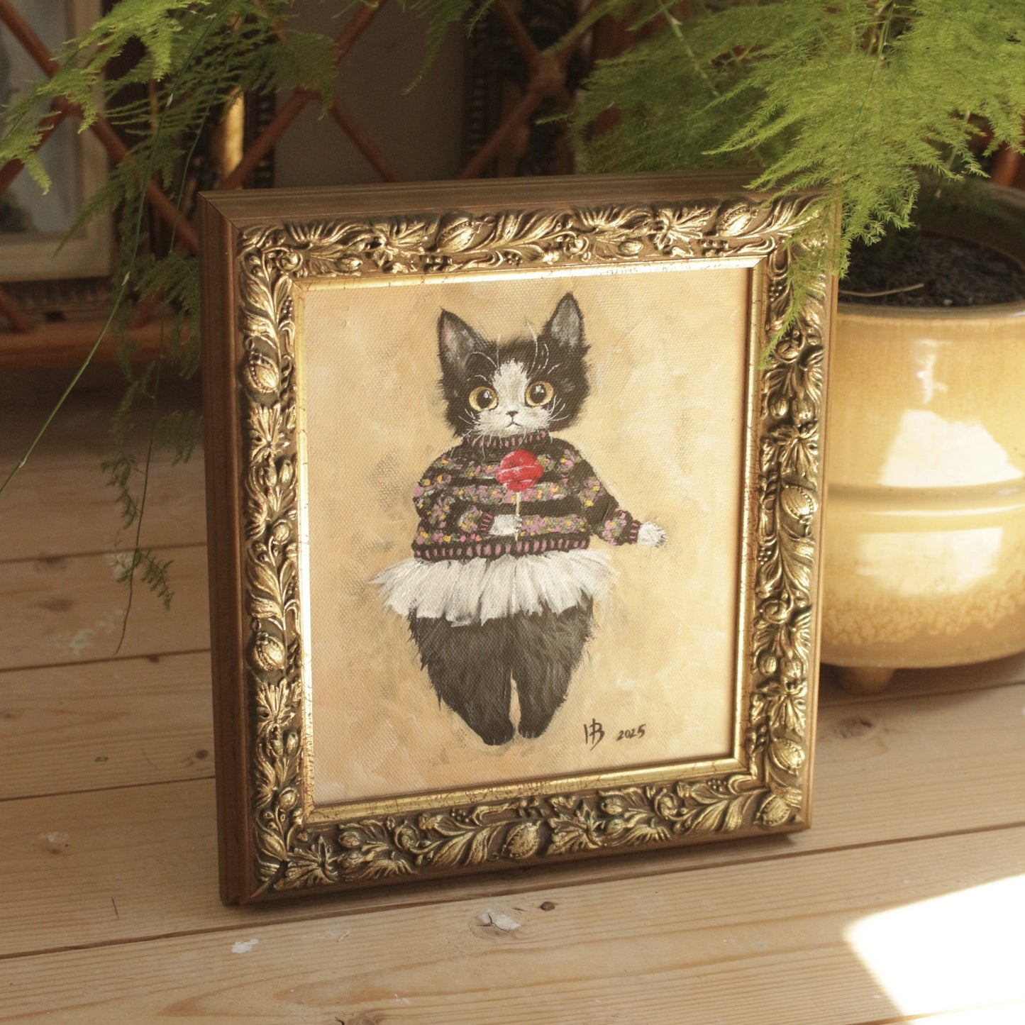 Original painting, Sweater Cat, framed painting,