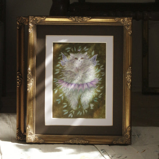 Original painting, White cat with tutu, original framed 23x28cm