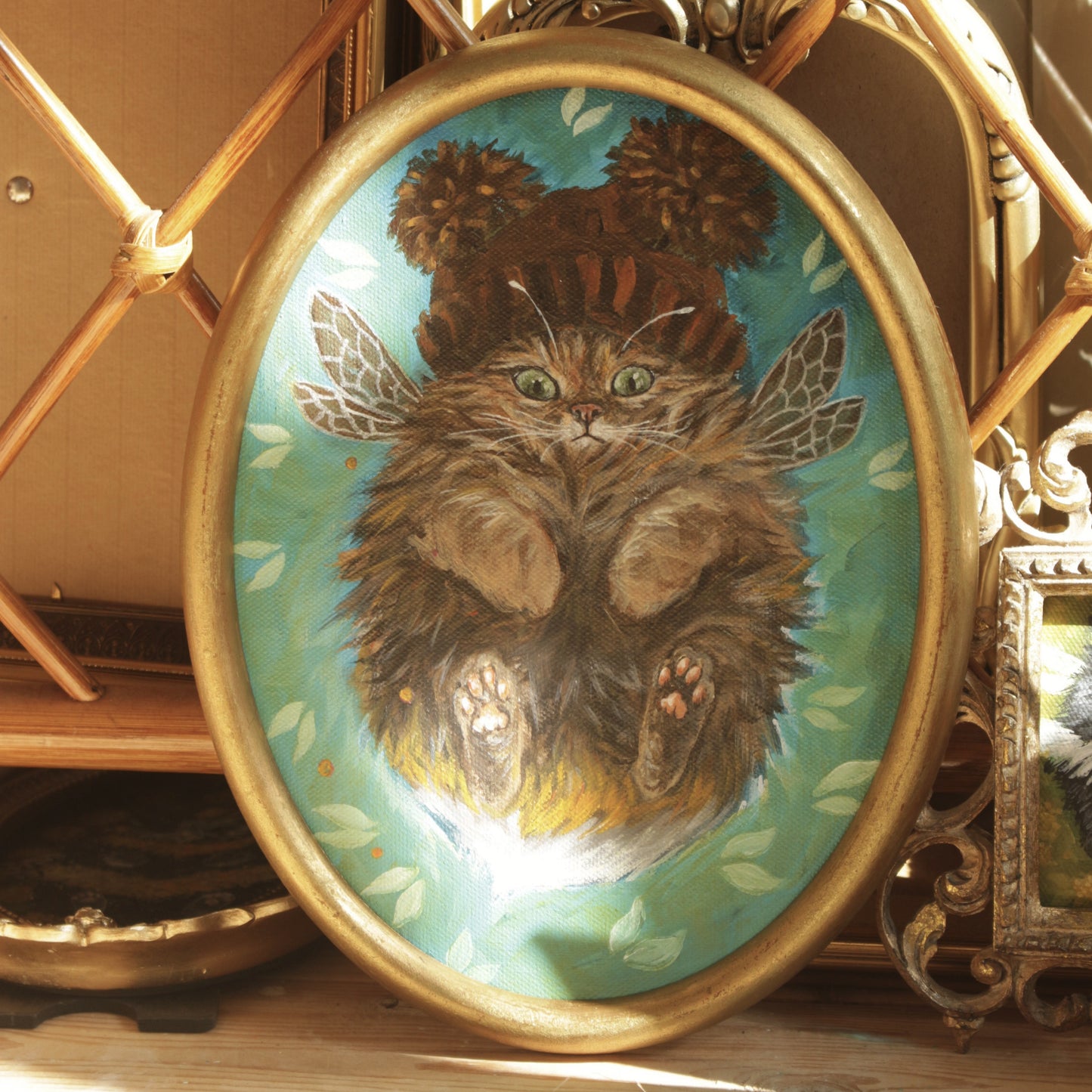 Original painting, Cat with the hat , framed,