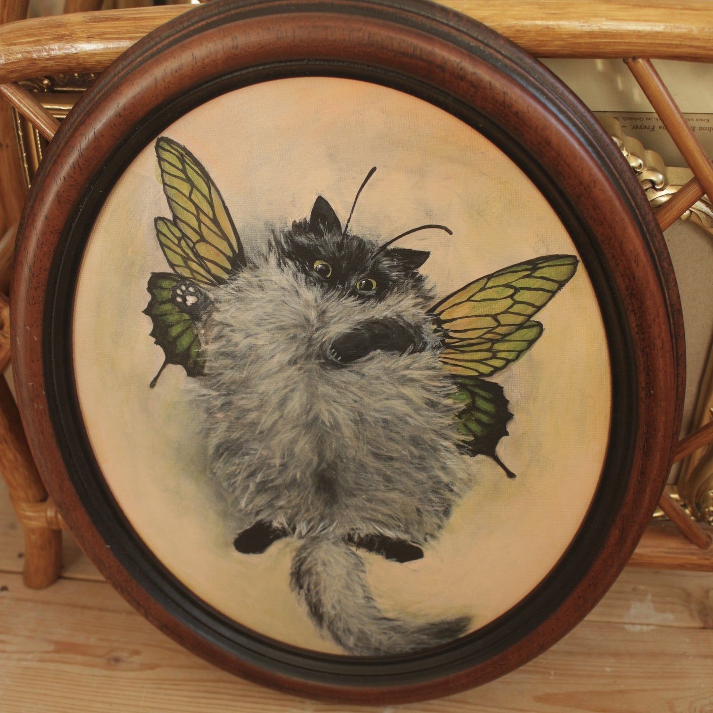 Original painting, Butterfly Cat, framed, 29x34cm
