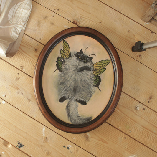Original painting, Butterfly Cat, framed, 29x34cm