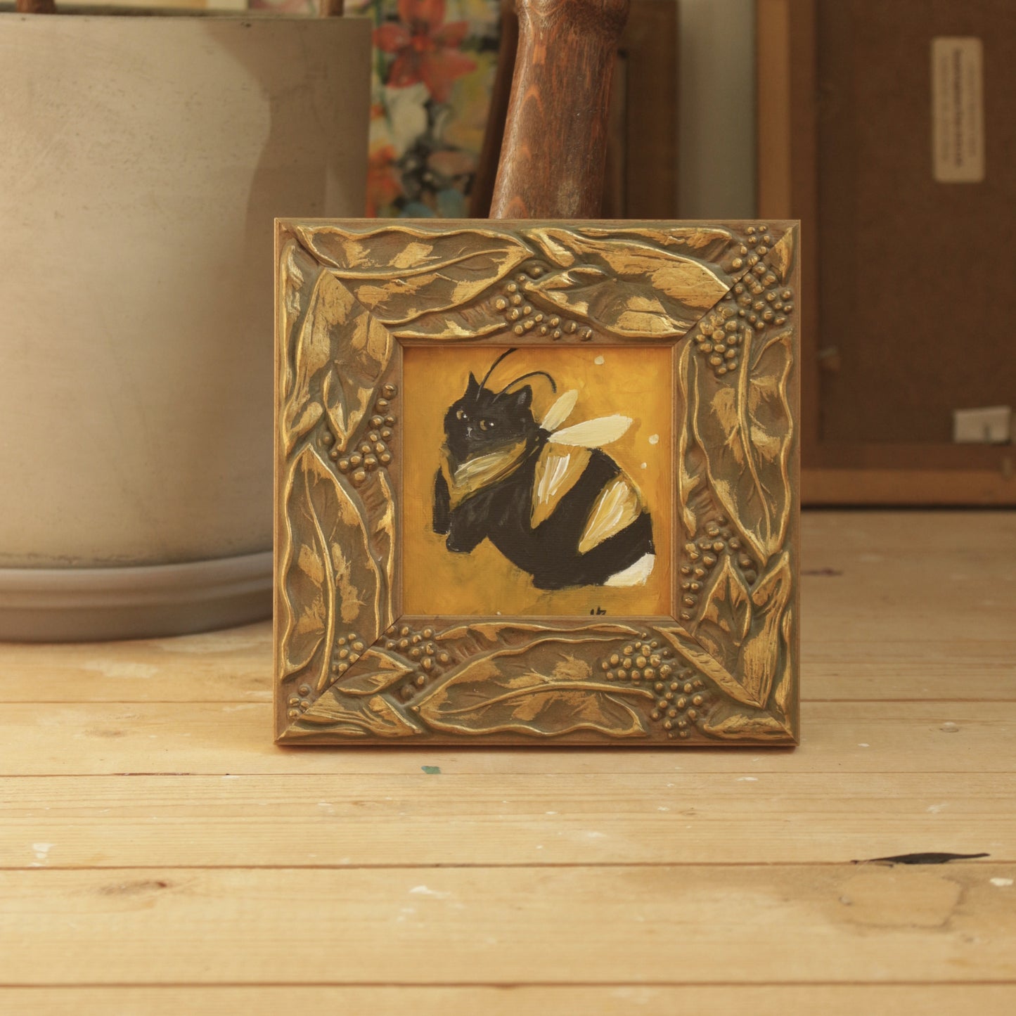 Original painting - little Bumble Cat - framed 18x18cm