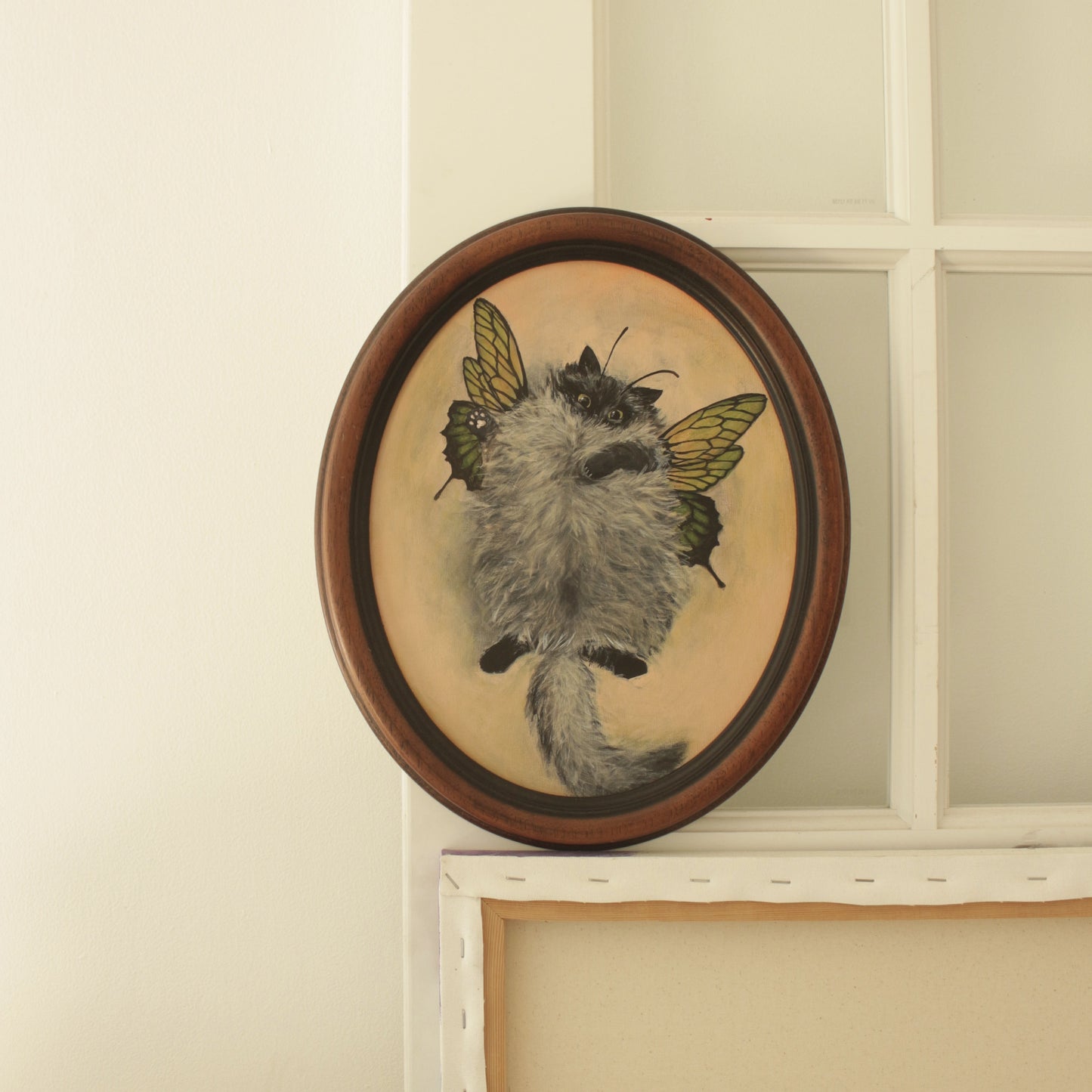 Original painting, Butterfly Cat, framed, 29x34cm
