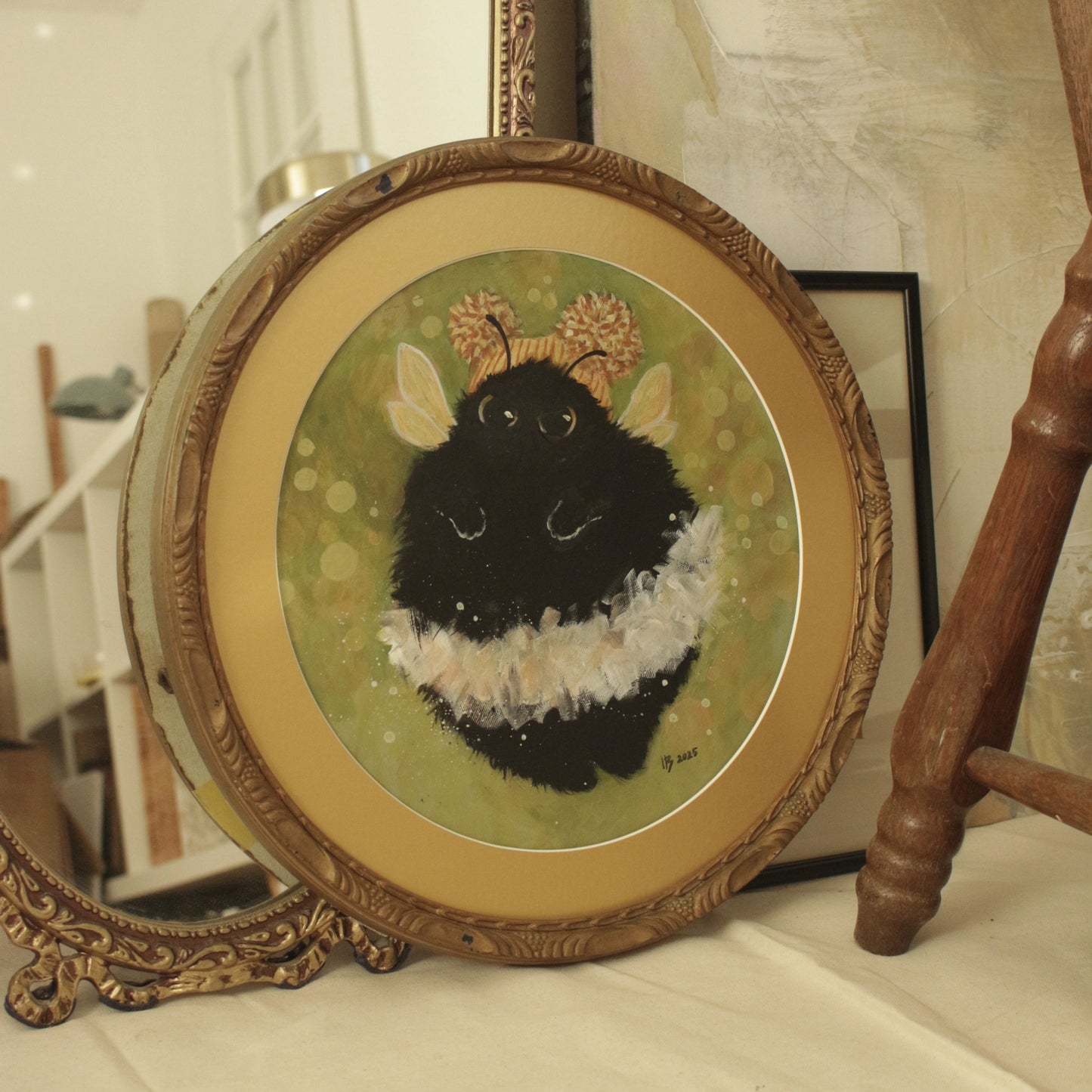 Hand painted framed Cat with hat - 39 cm