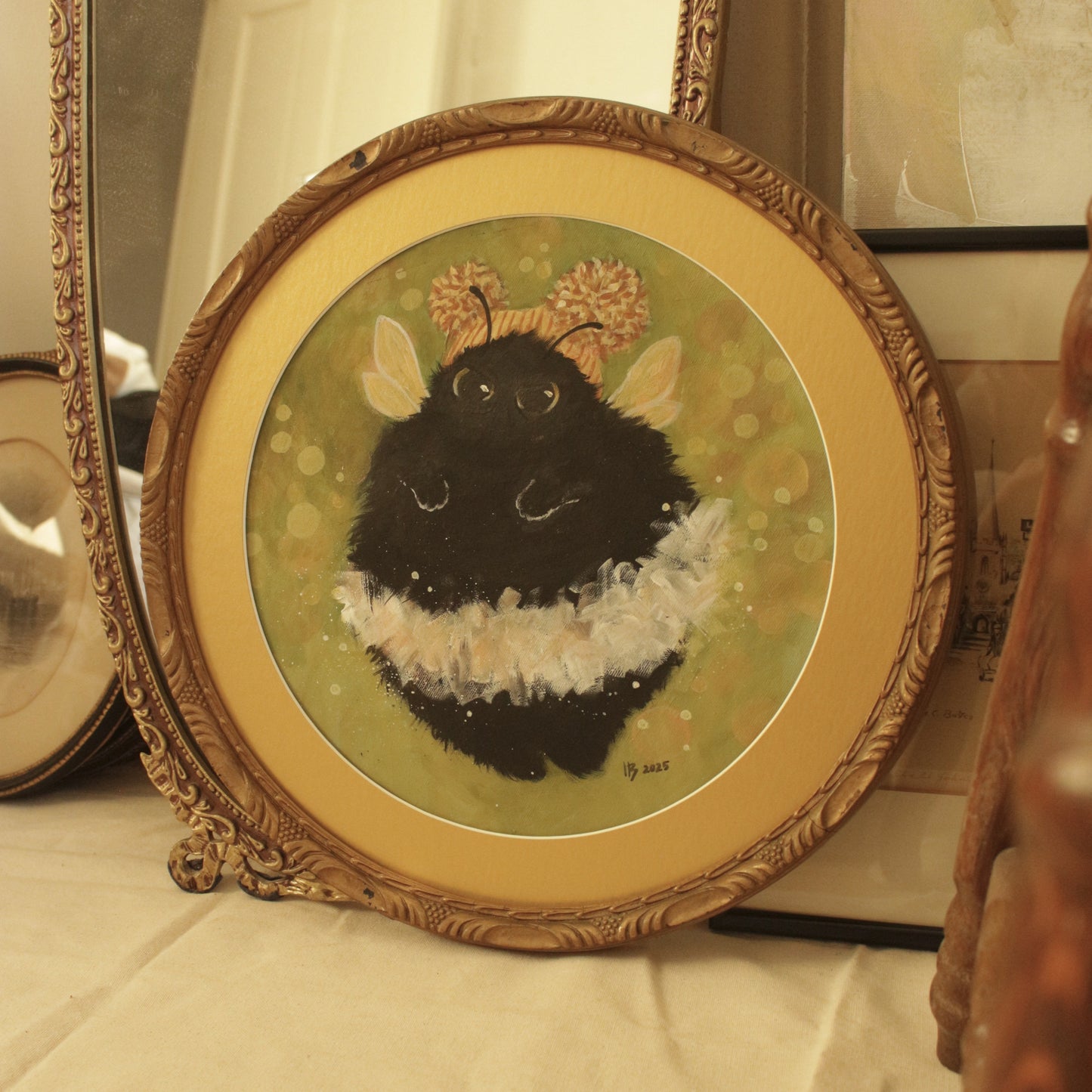 Hand painted framed Cat with hat - 39 cm
