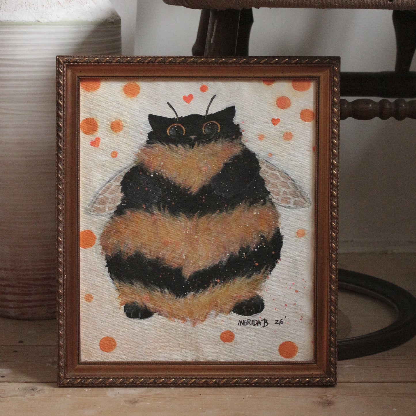 Hand painted Bumble Cat - framed 29 x 34 cm
