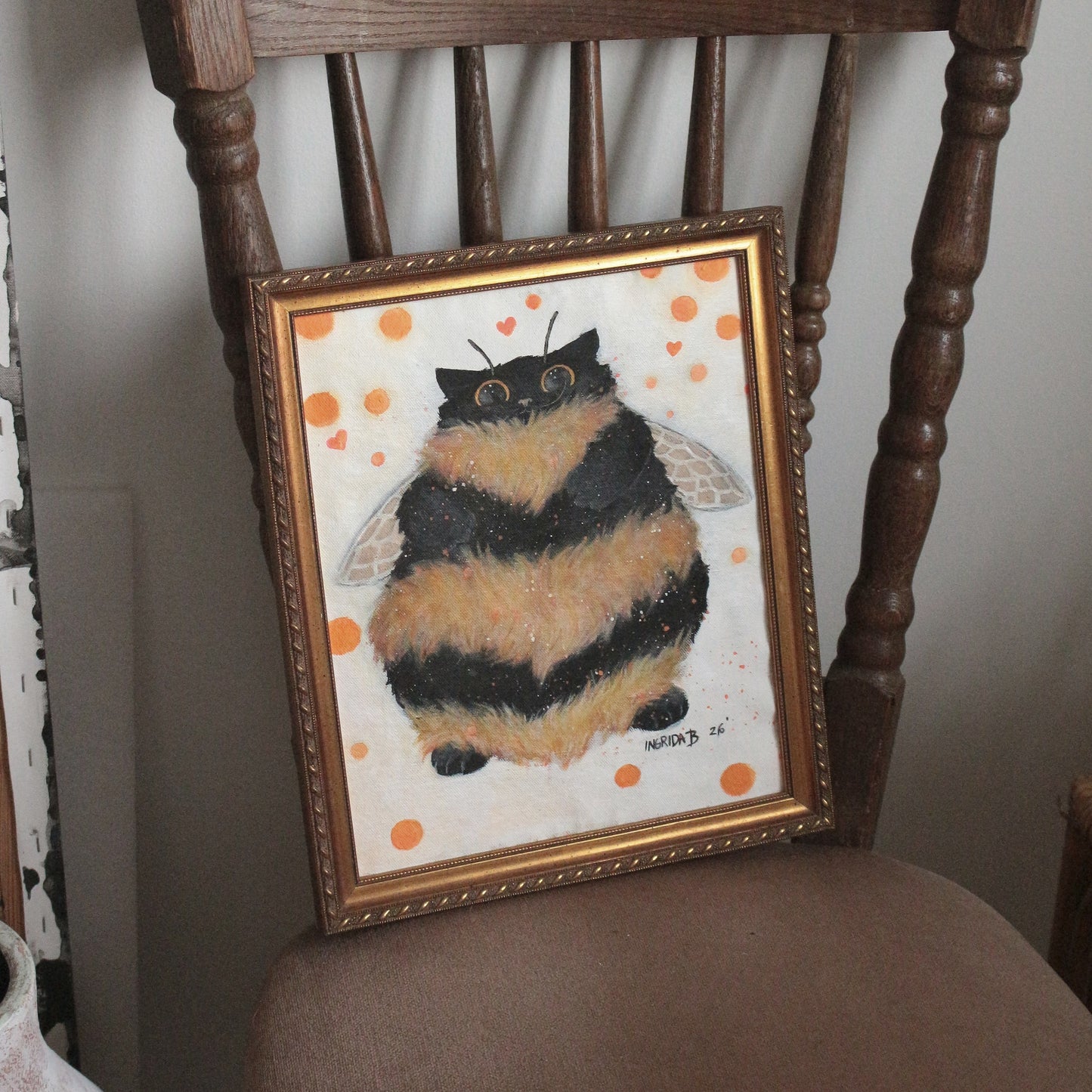 Hand painted Bumble Cat - framed 29 x 34 cm