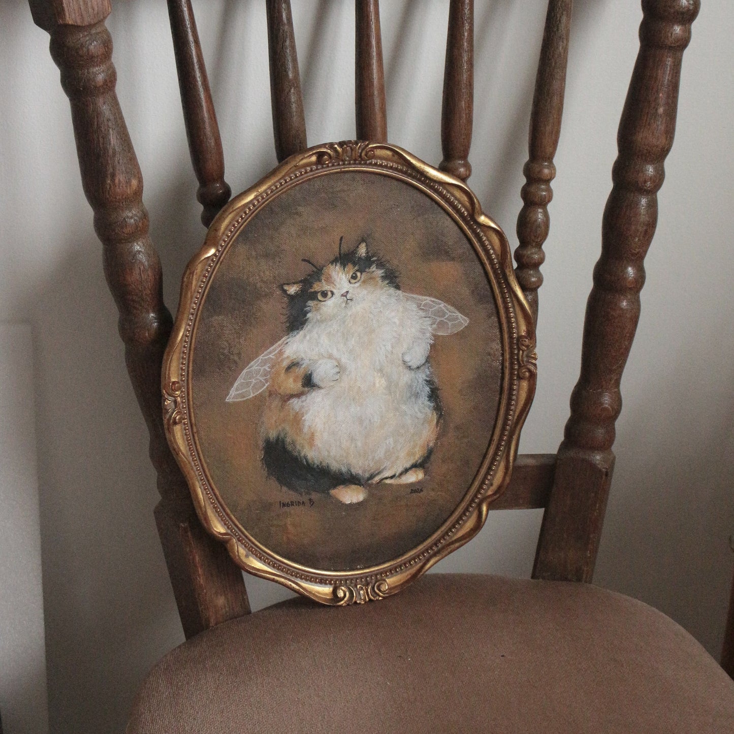 Hand painted Fairy Cat - framed 27 x 33 cm