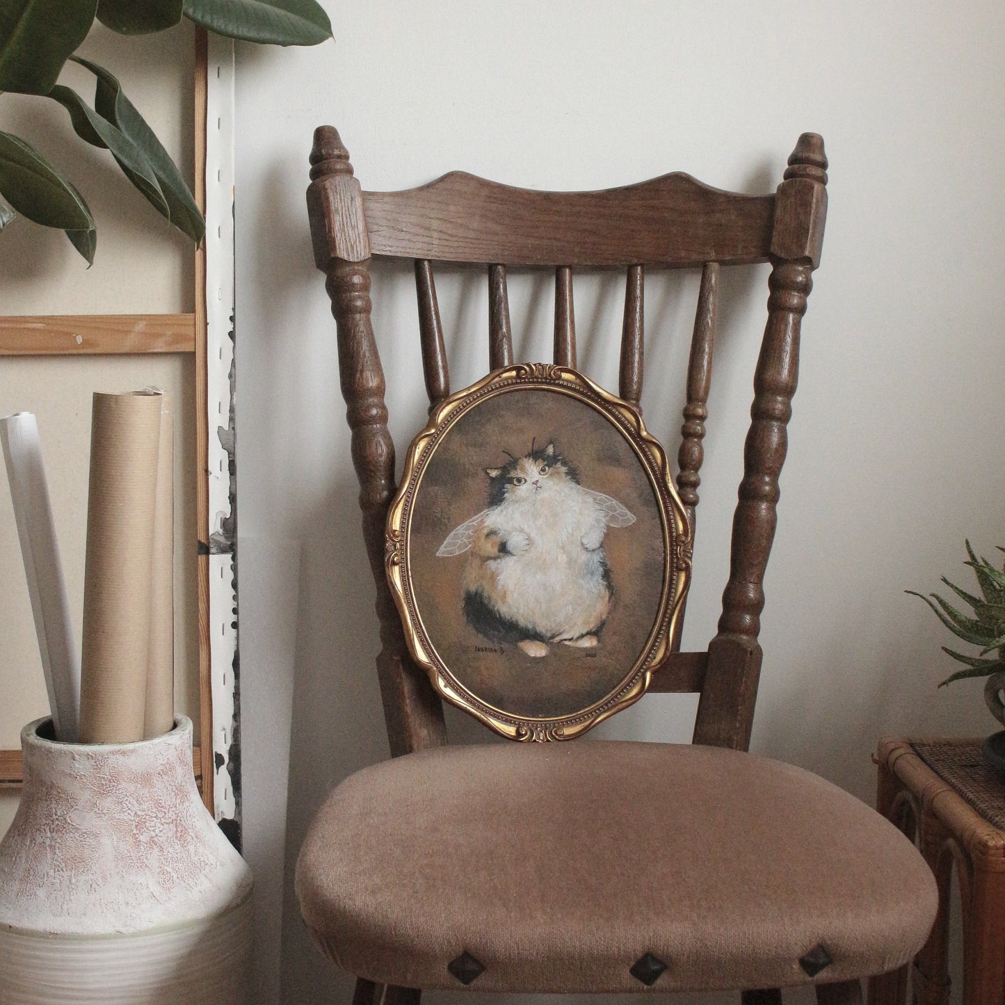 Hand painted Fairy Cat - framed 27 x 33 cm