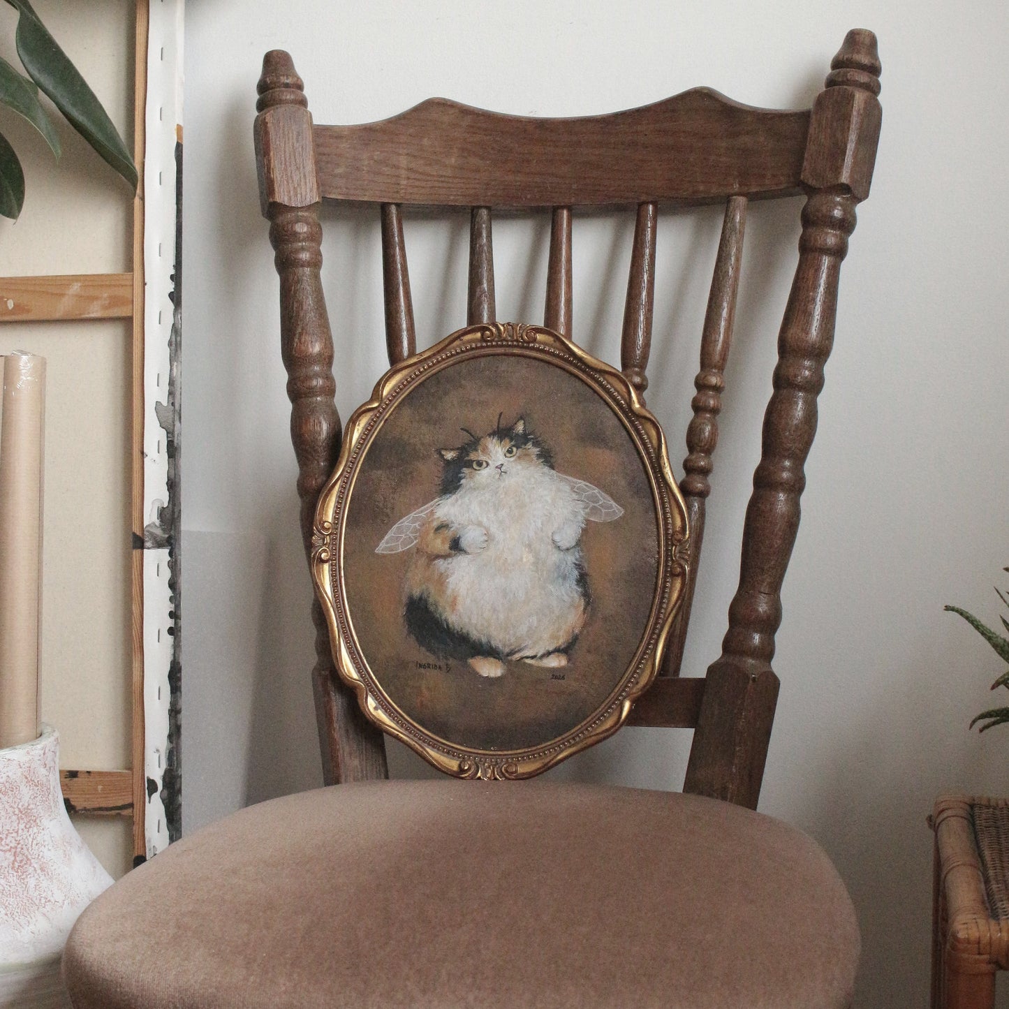 Hand painted Fairy Cat - framed 27 x 33 cm