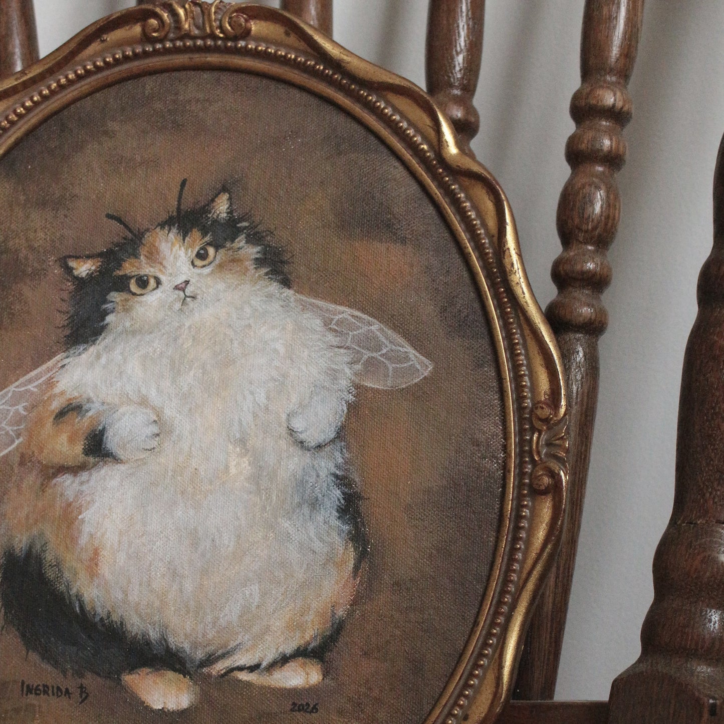 Hand painted Fairy Cat - framed 27 x 33 cm
