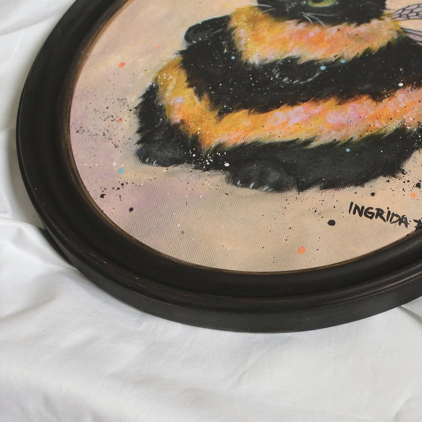 Hand painted - Bumble Cat - framed 35 x 40 cm