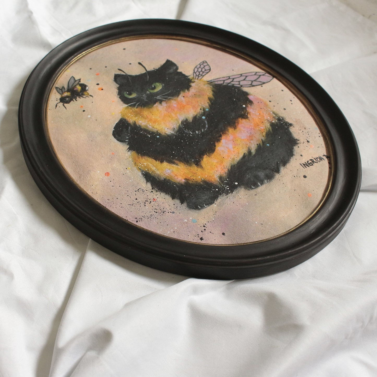 Hand painted - Bumble Cat - framed 35 x 40 cm