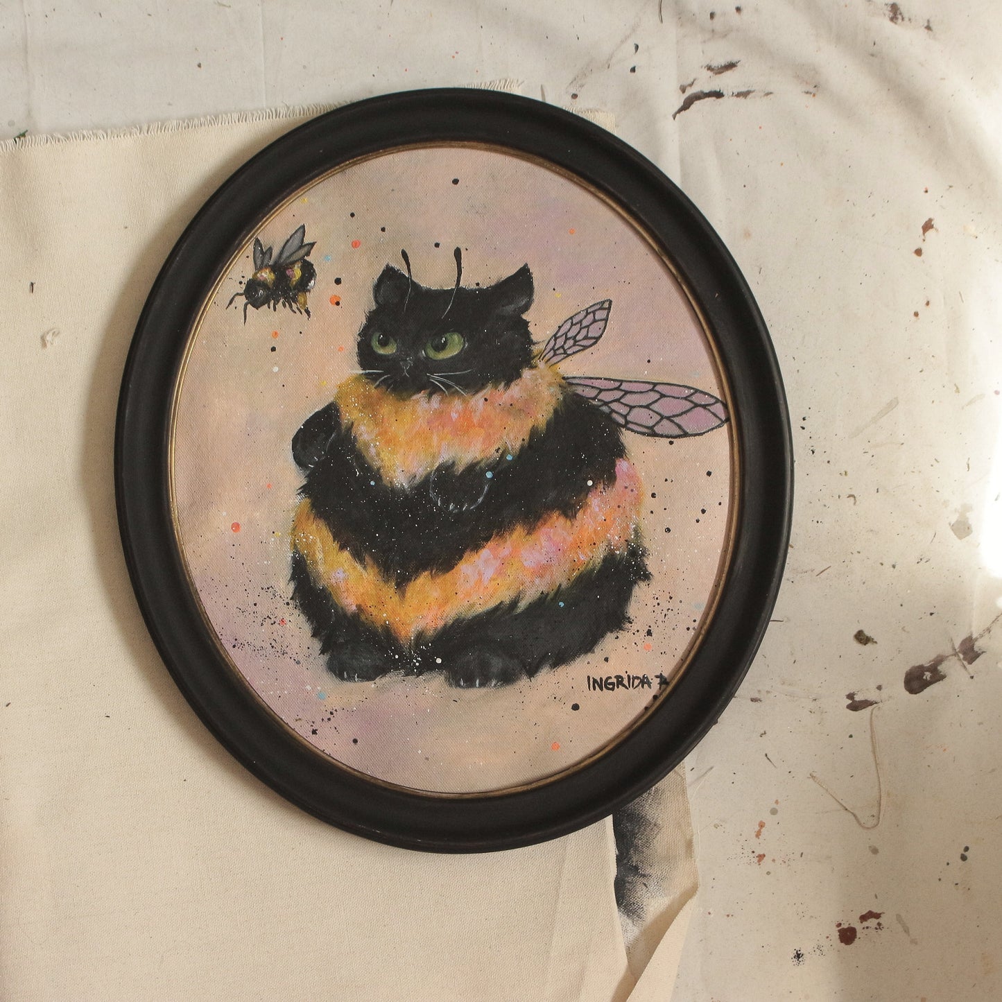 Hand painted - Bumble Cat - framed 35 x 40 cm