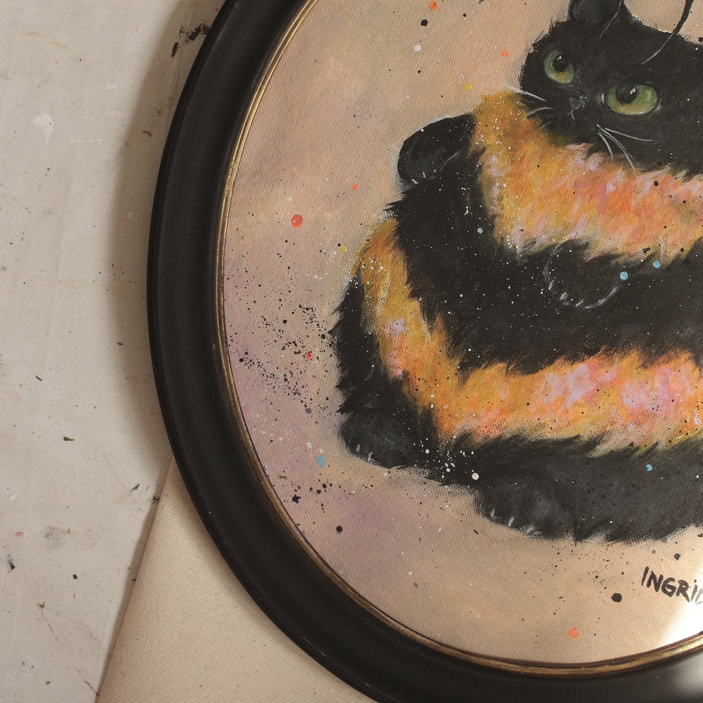 Hand painted - Bumble Cat - framed 35 x 40 cm