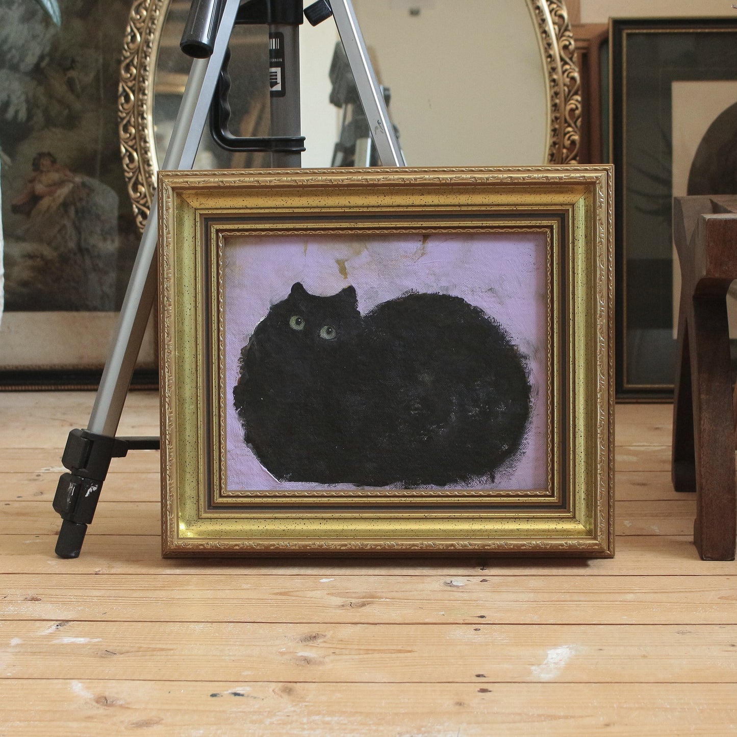 Hand painted - Cute Black Cat framed - 30 x 35 cm