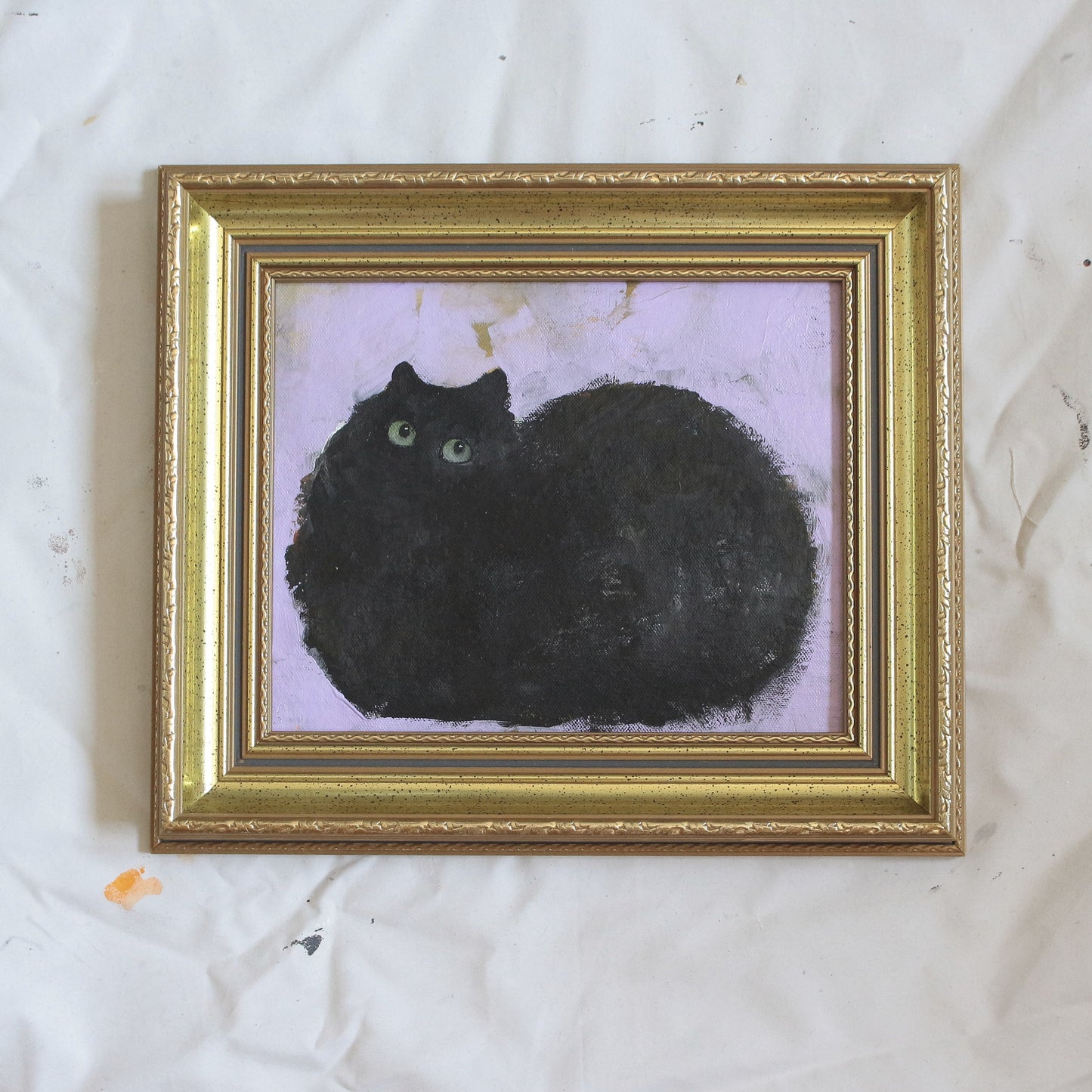 Hand painted - Cute Black Cat framed - 30 x 35 cm