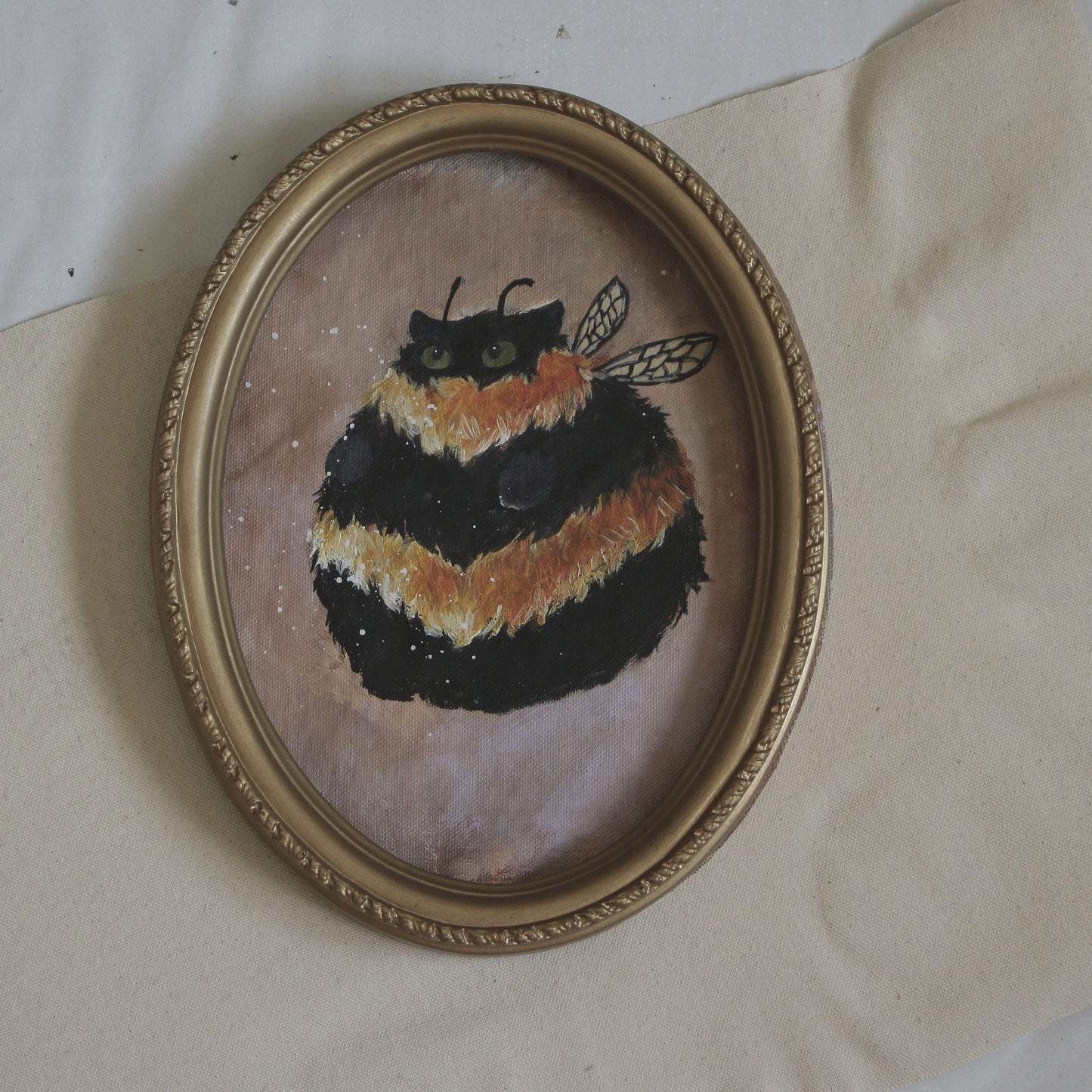 Hand painted Bumble Cat - framed 20 x 26cm