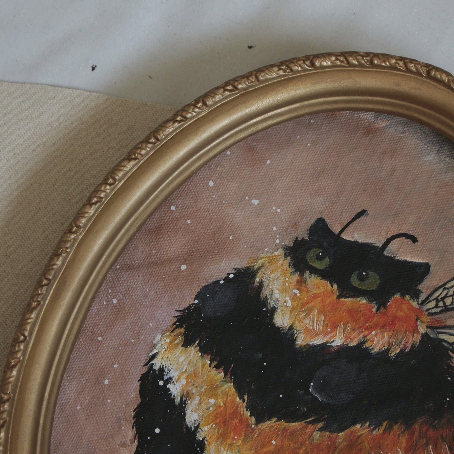 Hand painted Bumble Cat - framed 20 x 26cm
