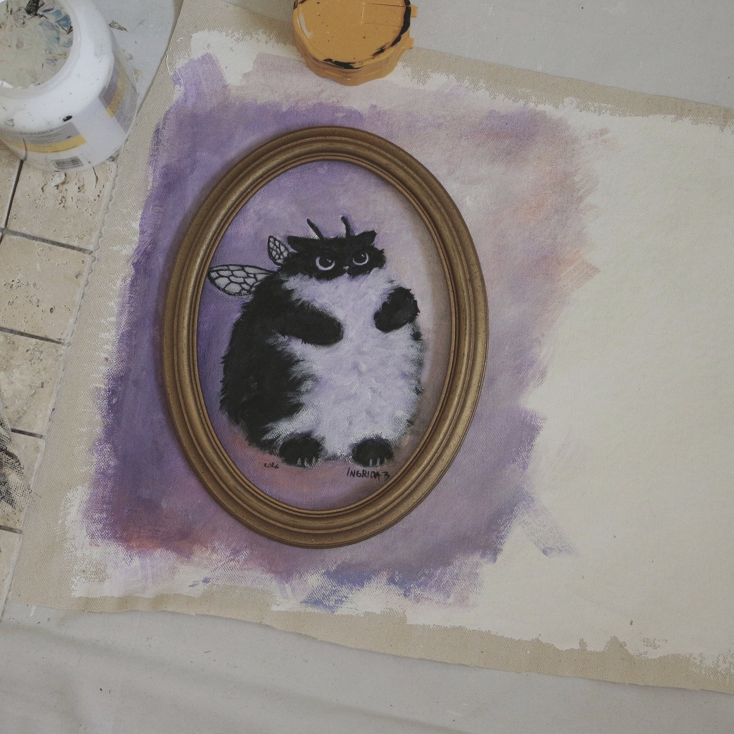Hand painted Bumble Cat - framed 17 x 23 cm.