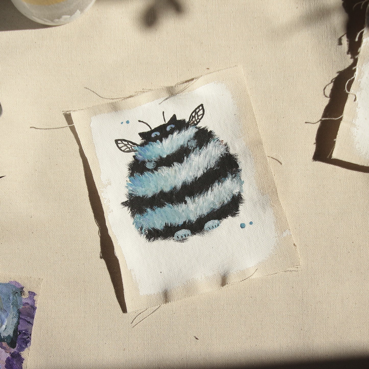 Hand painted mini original artwork- BLUE bumble cat - UNFRAMED