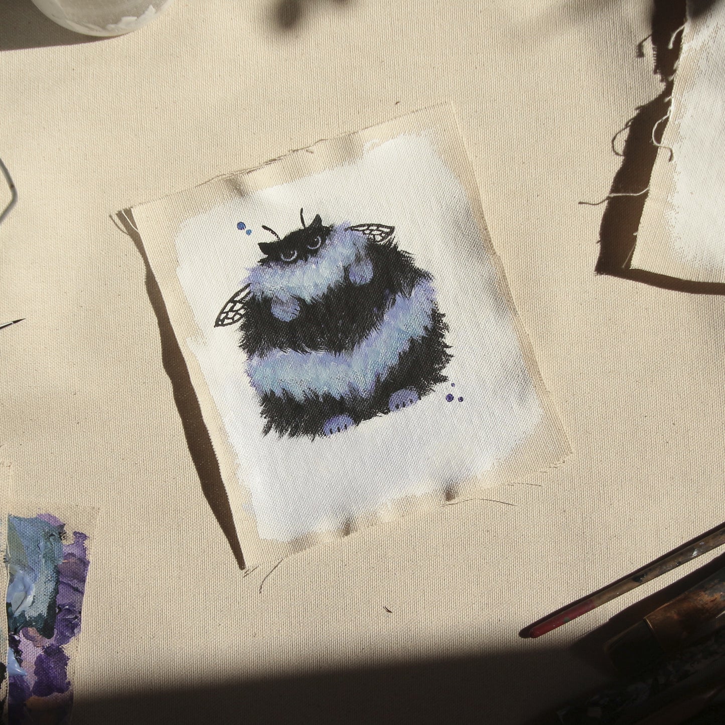 Hand painted mini original artwork- purple bumble cat - UNFRAMED