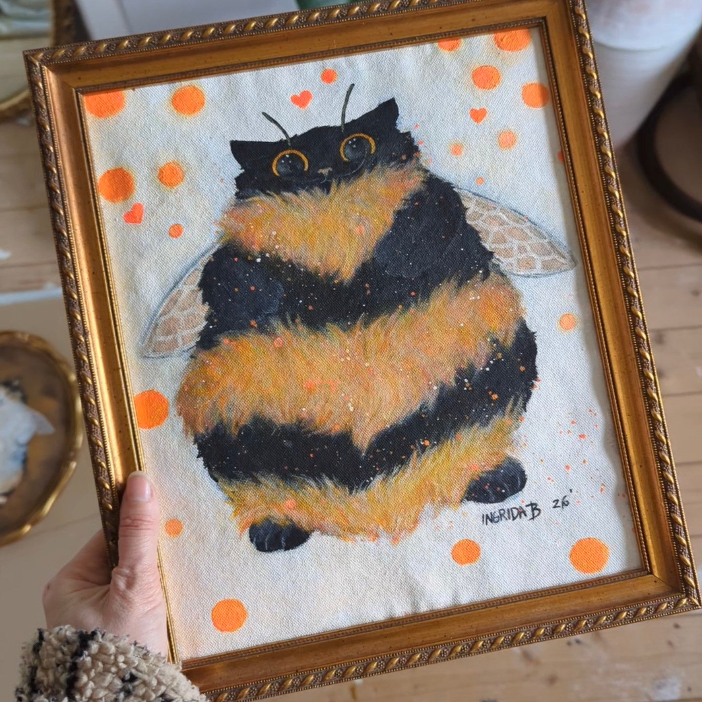 Hand painted Bumble Cat - framed 29 x 34 cm