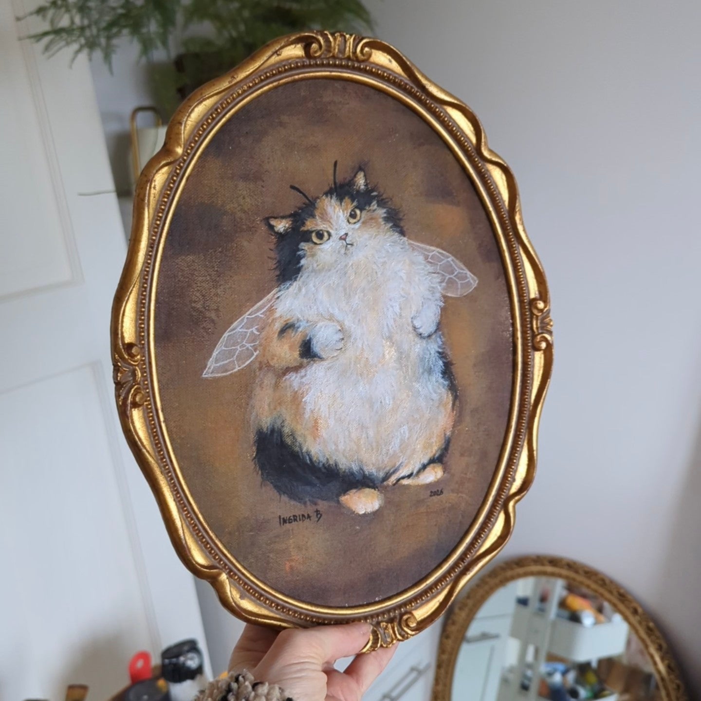 Hand painted Fairy Cat - framed 27 x 33 cm